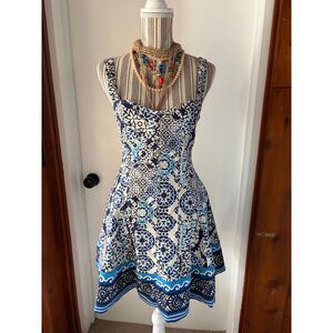 NWT Avec Les Filles Blue and White and Blue Patterned Dress Medium